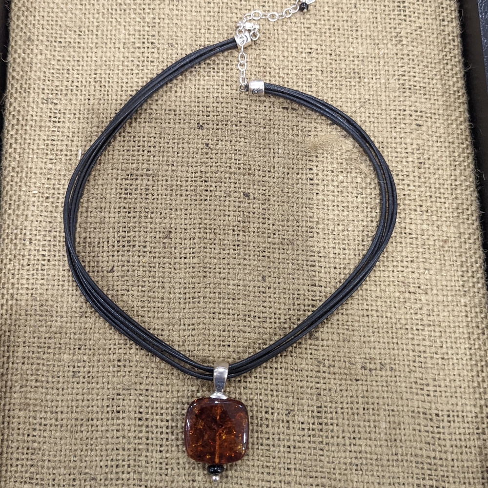 Silpada Black leather and Amber necklace